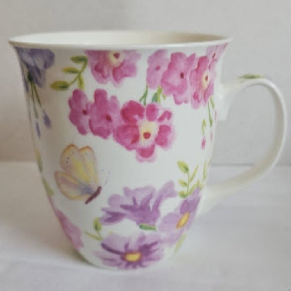 Burton & Burton Floral Bouquet White Porcelain Mug Butterfly 16 Ounce
